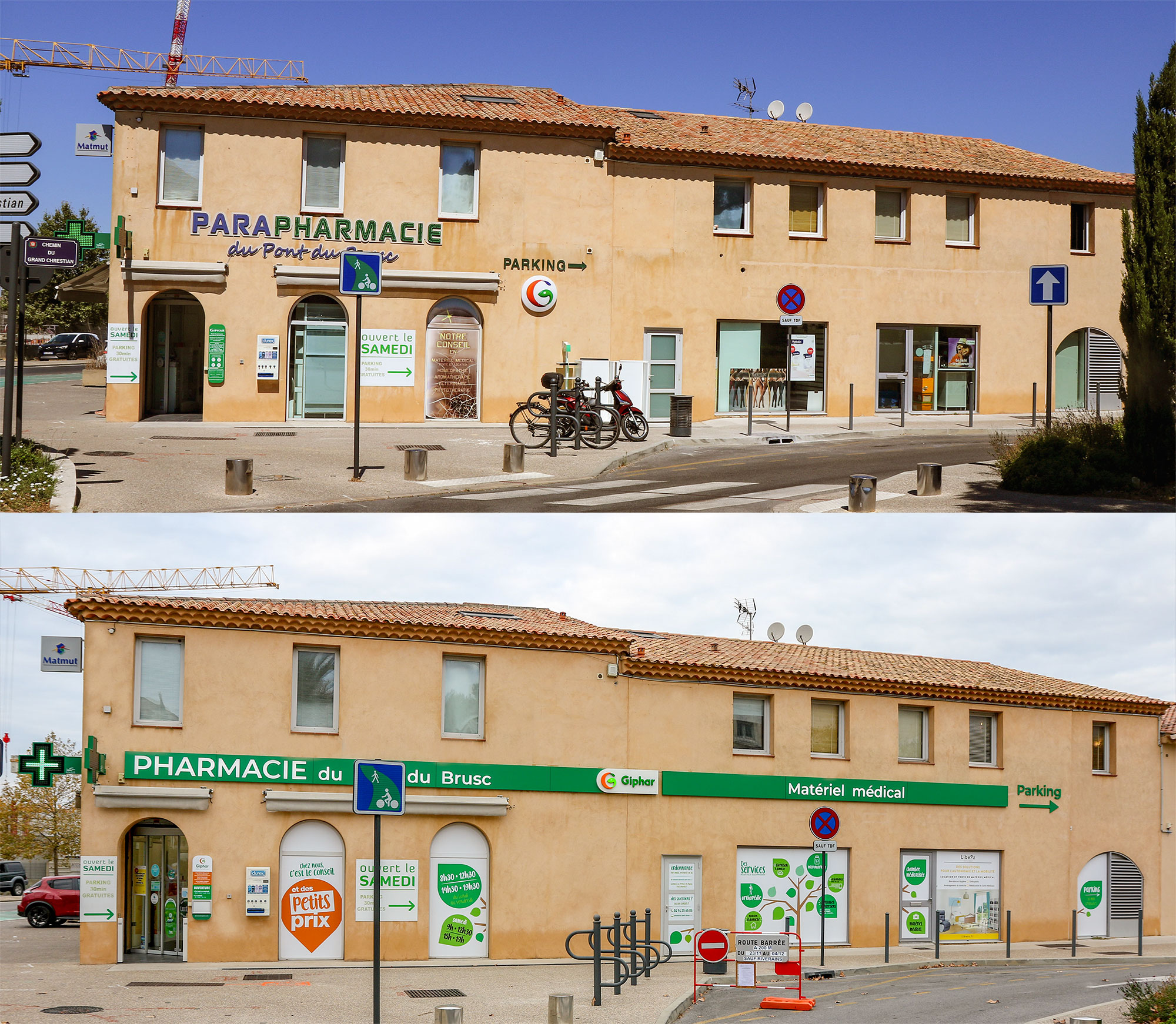 Signalétique-adhésif-vitrophanie-enseigne-Pharmacie-Gyphar-Six-Fours-Toulon-Hyères-avant-après-Ouest